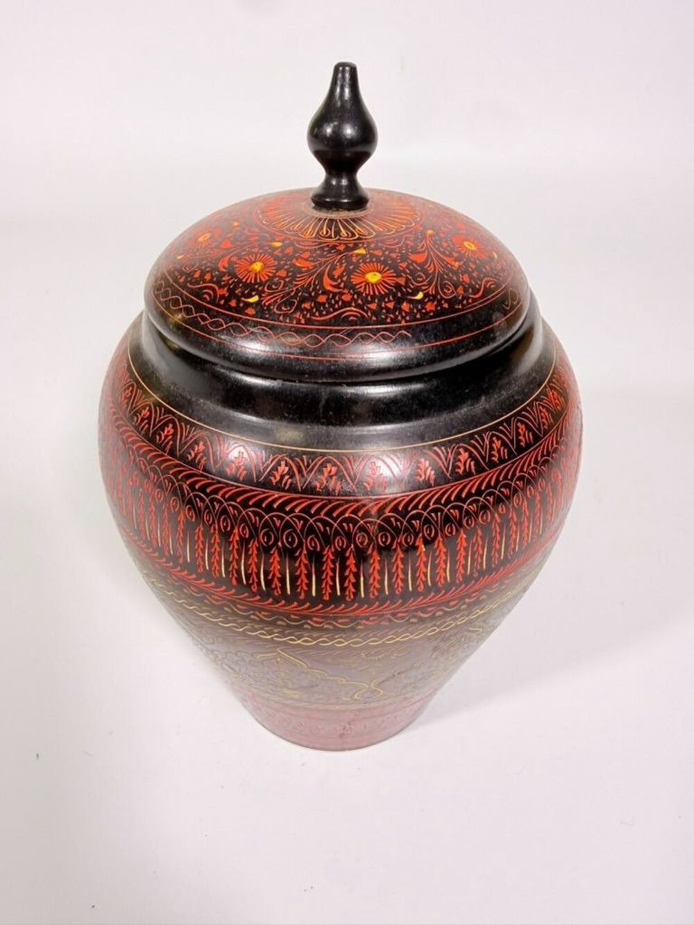 Jar Urn Canister Hand Carved Wooden Lacquer Pakistan Naqashi Turkish Handcrafted - Picture 11 of 16
